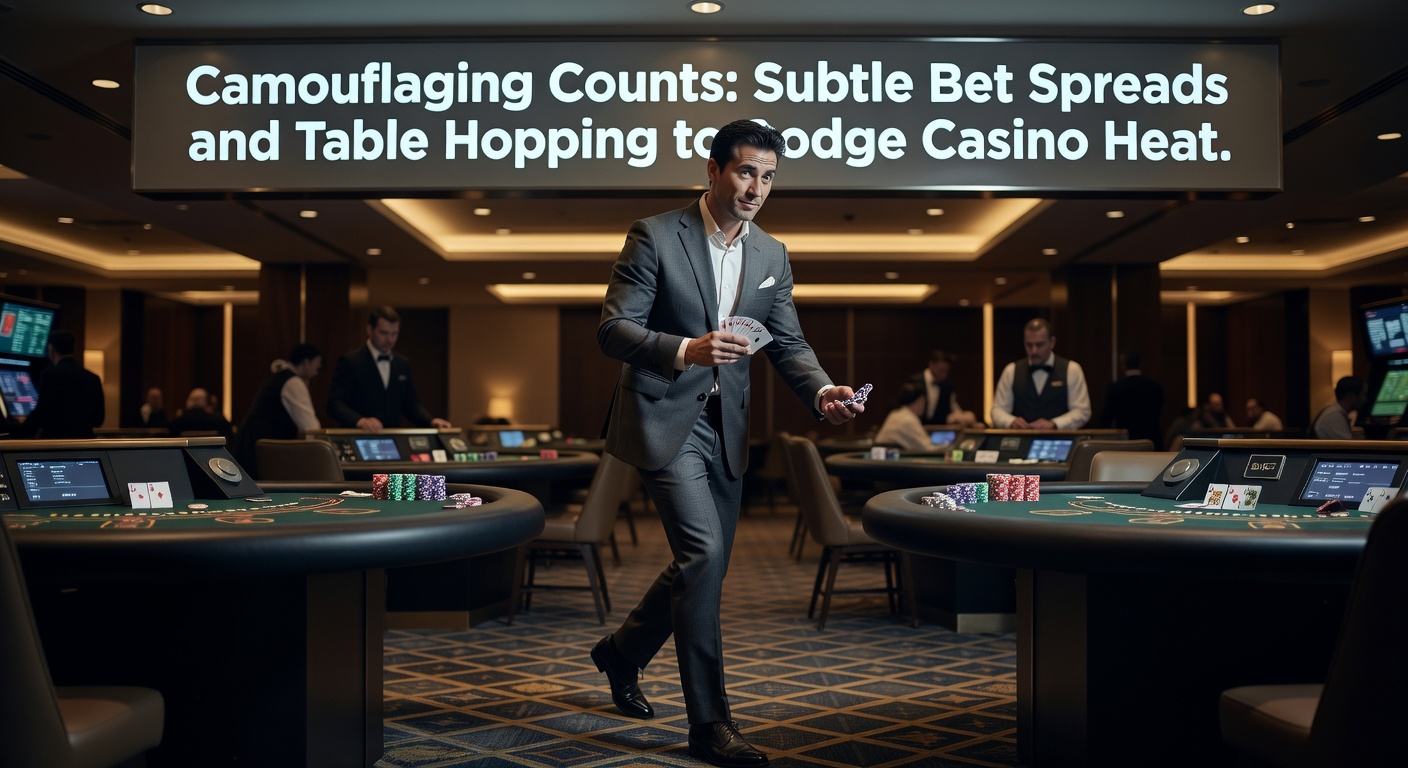 Ein Blackjack-Spieler am Tisch, der unauffällig seine Einsätze variiert, während das Casino-Personal im Hintergrund beobachtet