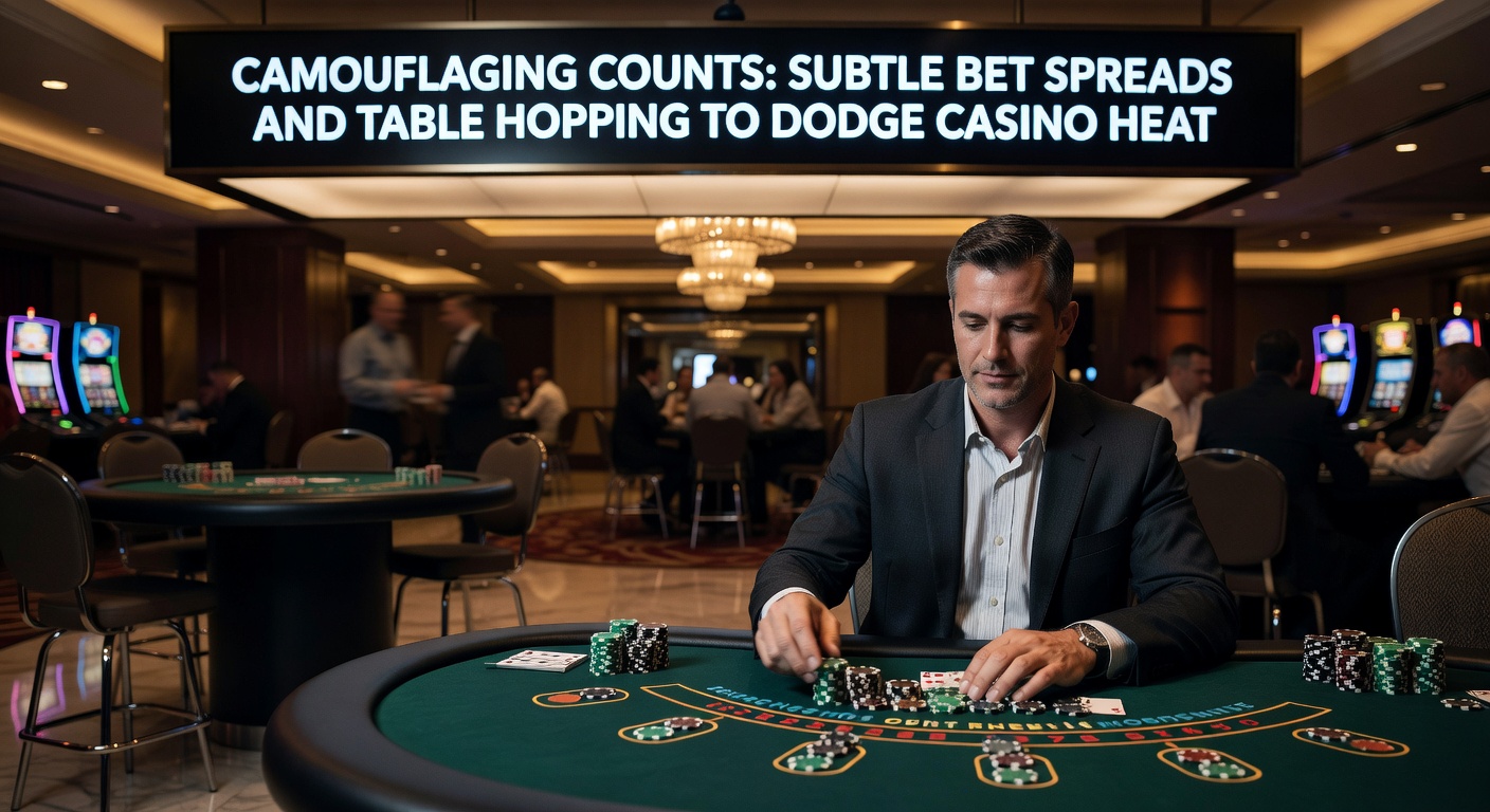 Gruppe von Spielern, die zwischen Blackjack-Tischen wechselt, um Aufmerksamkeit zu vermeiden, mit Casino-Sicherheit im Hintergrund
