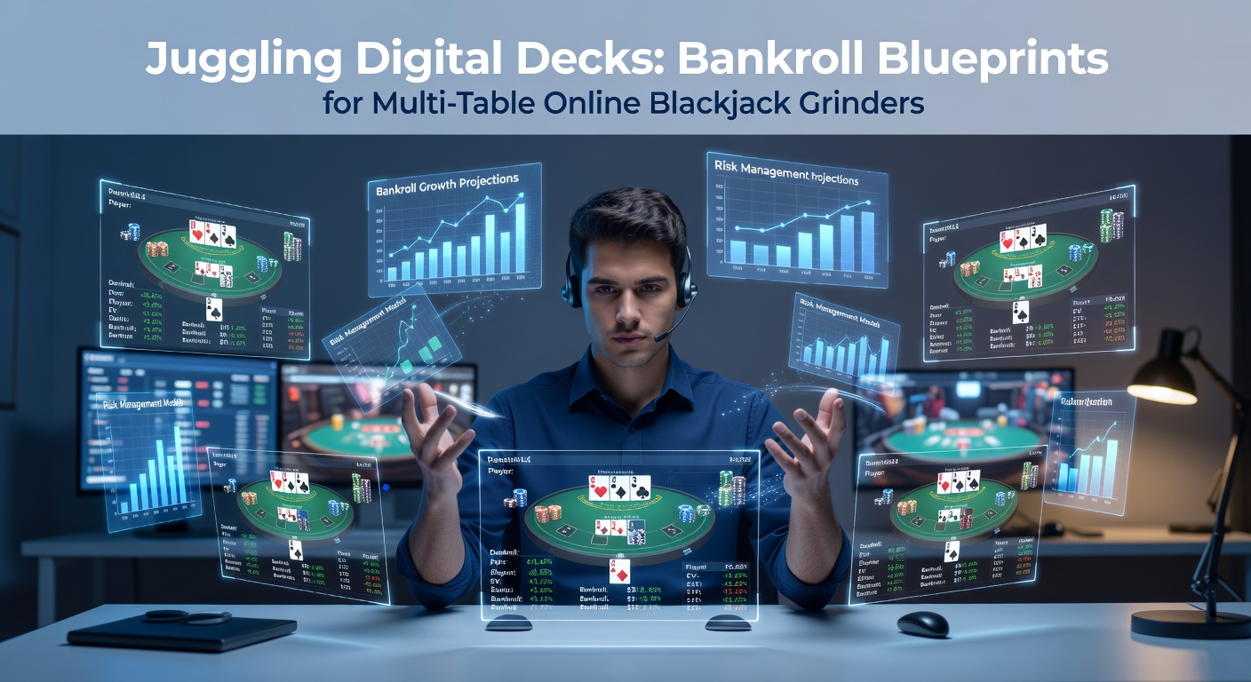 Mehrere Bildschirme mit Online-Blackjack-Tischen, die ein Multi-Table-Setup darstellen, während ein Spieler Bankroll-Charts analysiert