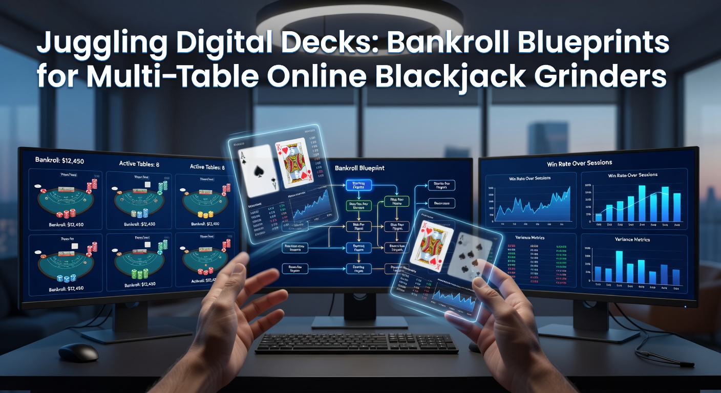 Detaillierte Bankroll-Tabelle auf einem Monitor, die Multi-Table-Einsatzpläne und Risiko-Charts für Online-Blackjack visualisiert