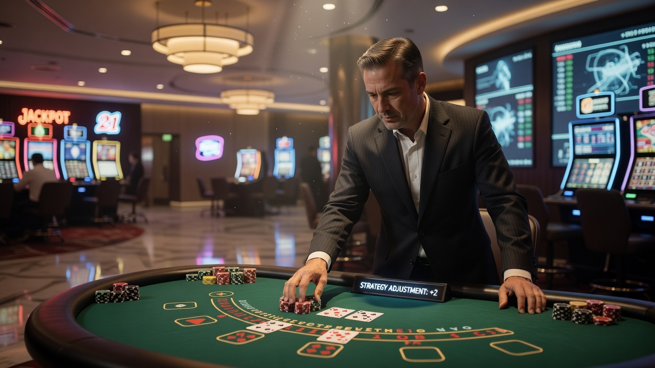Blackjack-Tisch mit Spielern unter variablen Licht- und Geräuschbedingungen