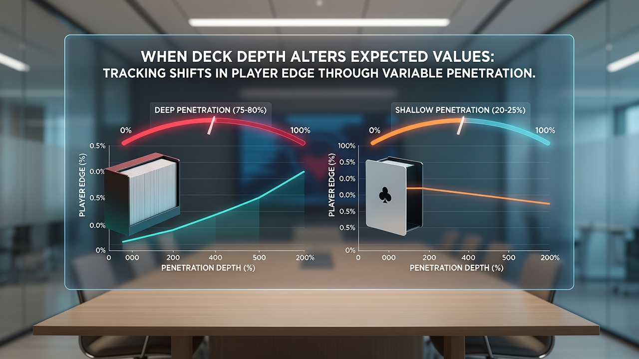 Grafiken vergleichen Spieler-Edge bei verschiedenen Penetrationstiefen und True-Count-Verteilungen