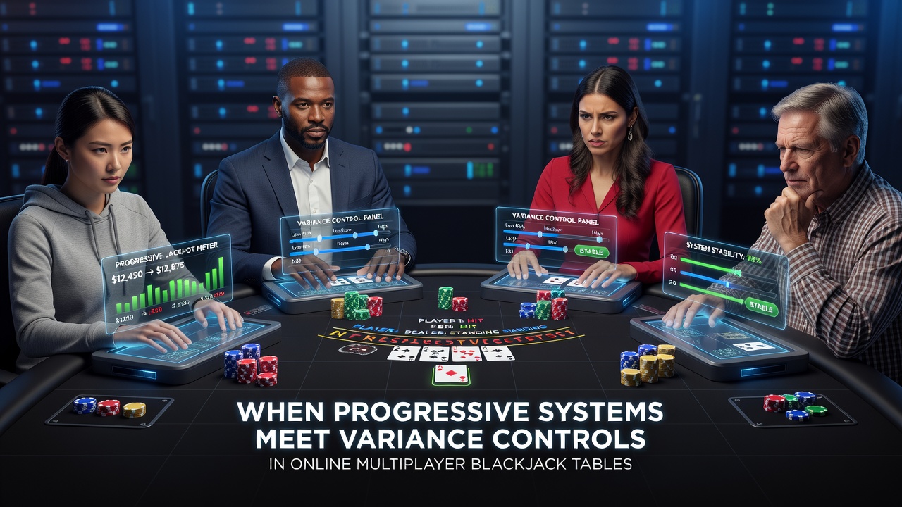 Analyseoberfläche mit Varianzkurven und progressiven Einsatzverläufen in einem Multiplayer-Blackjack-Setting